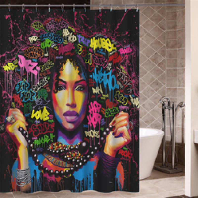 Stylish Waterproof Modern Shower Curtain, Hip Hop Art Black Hair Girl Shower Curtain/