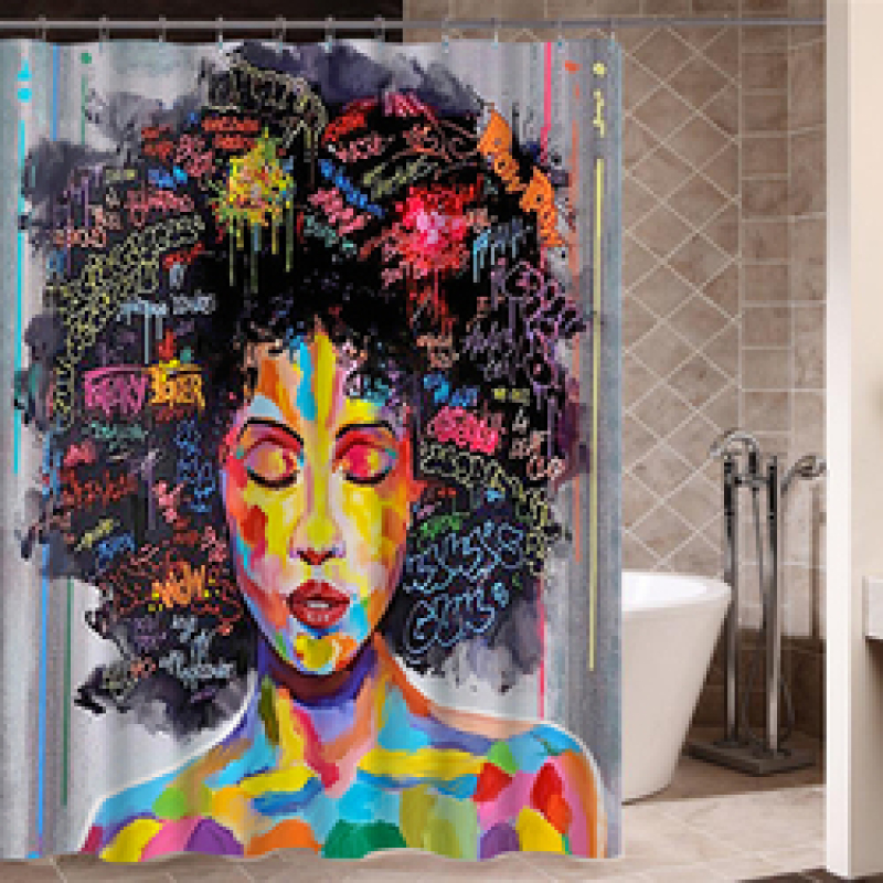 Stylish Waterproof Modern Shower Curtain, Hip Hop Art Black Hair Girl Shower Curtain/