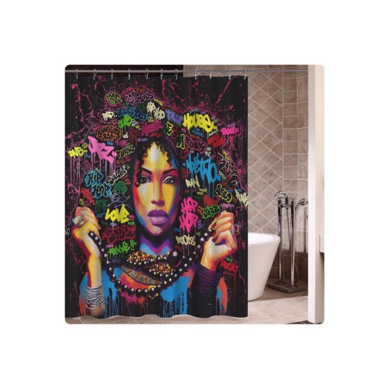 Stylish Waterproof Modern Shower Curtain, Hip Hop Art Black Hair Girl Shower Curtain/