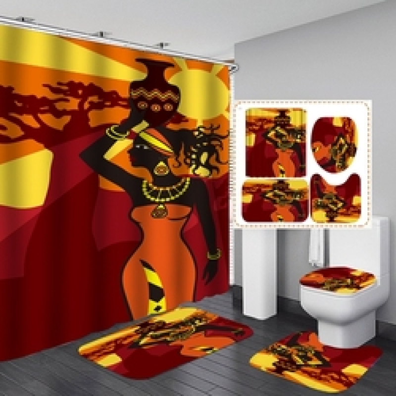African Women Shower Curtains Polyester Rideau De Douche Black Girl Luxury Shower Curtain Set 4 Pcs