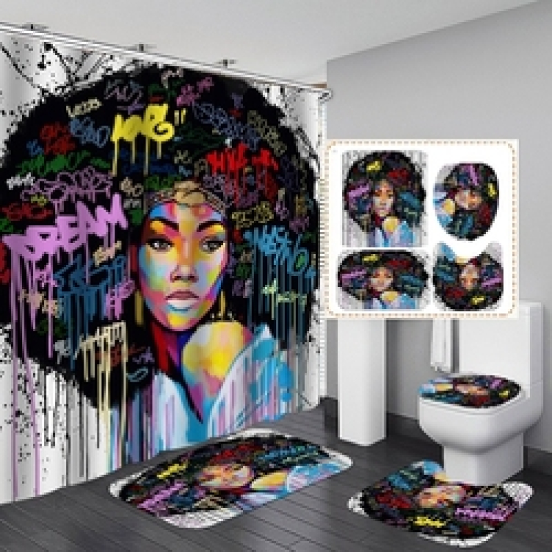 African Women Shower Curtains Polyester Rideau De Douche Black Girl Luxury Shower Curtain Set 4 Pcs