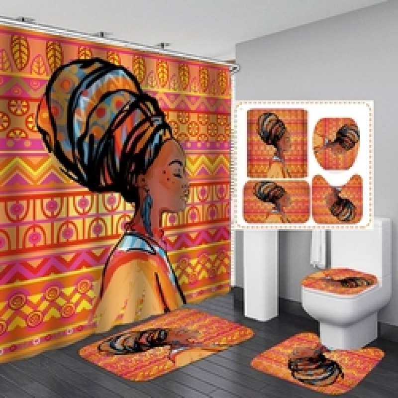 African Women Shower Curtains Polyester Rideau De Douche Black Girl Luxury Shower Curtain Set 4 Pcs