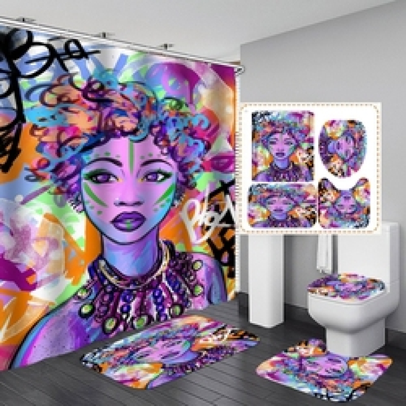 African Women Shower Curtains Polyester Rideau De Douche Black Girl Luxury Shower Curtain Set 4 Pcs