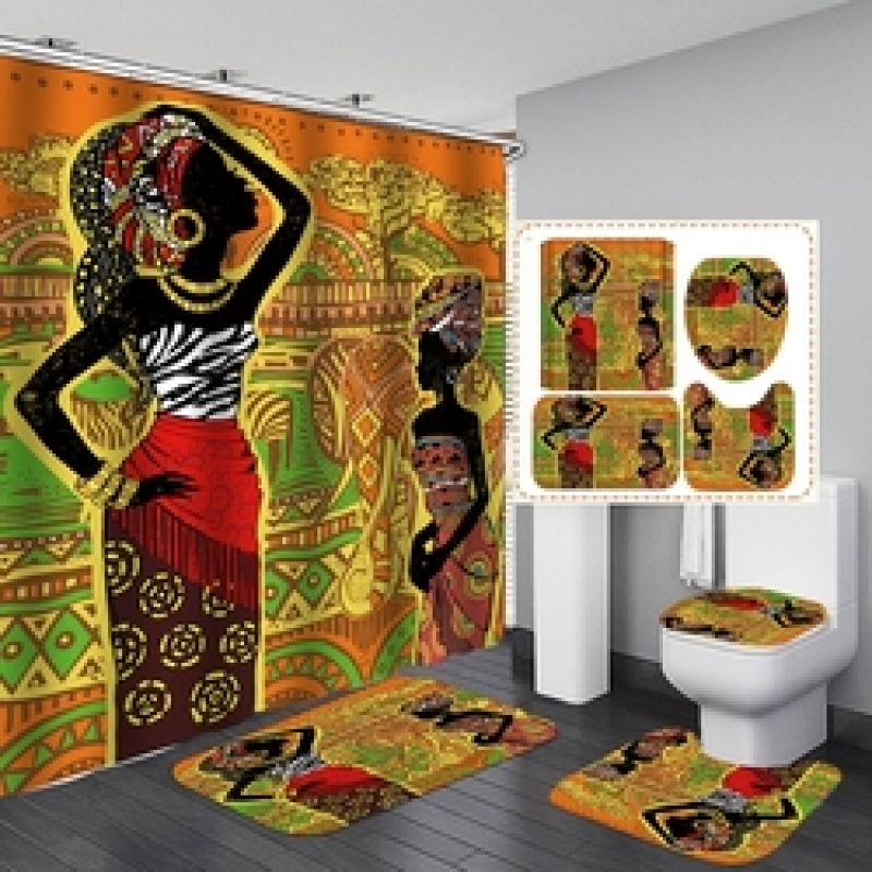African Women Shower Curtains Polyester Rideau De Douche Black Girl Luxury Shower Curtain Set 4 Pcs