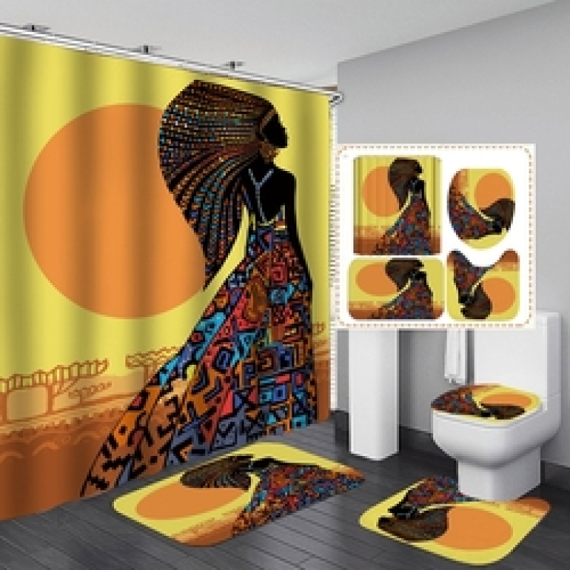 African Women Shower Curtains Polyester Rideau De Douche Black Girl Luxury Shower Curtain Set 4 Pcs