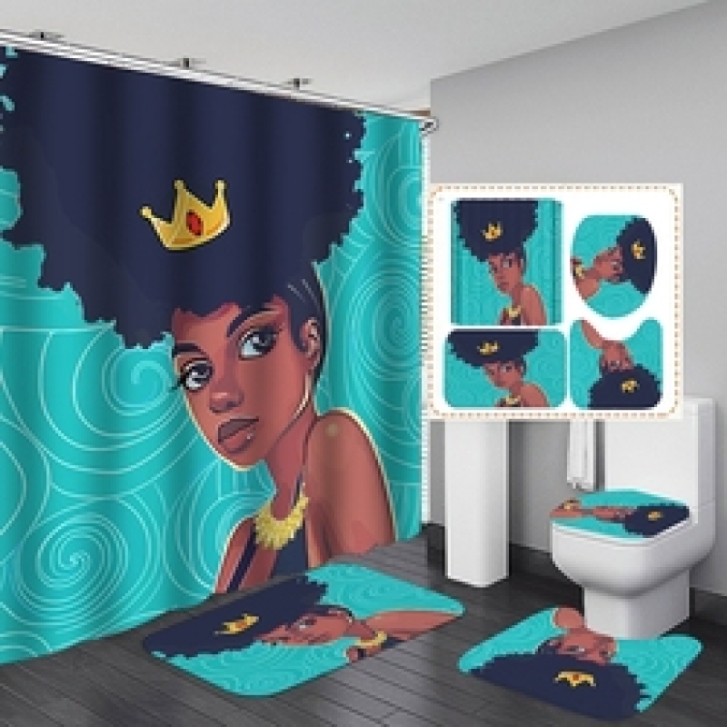 African Women Shower Curtains Polyester Rideau De Douche Black Girl Luxury Shower Curtain Set 4 Pcs