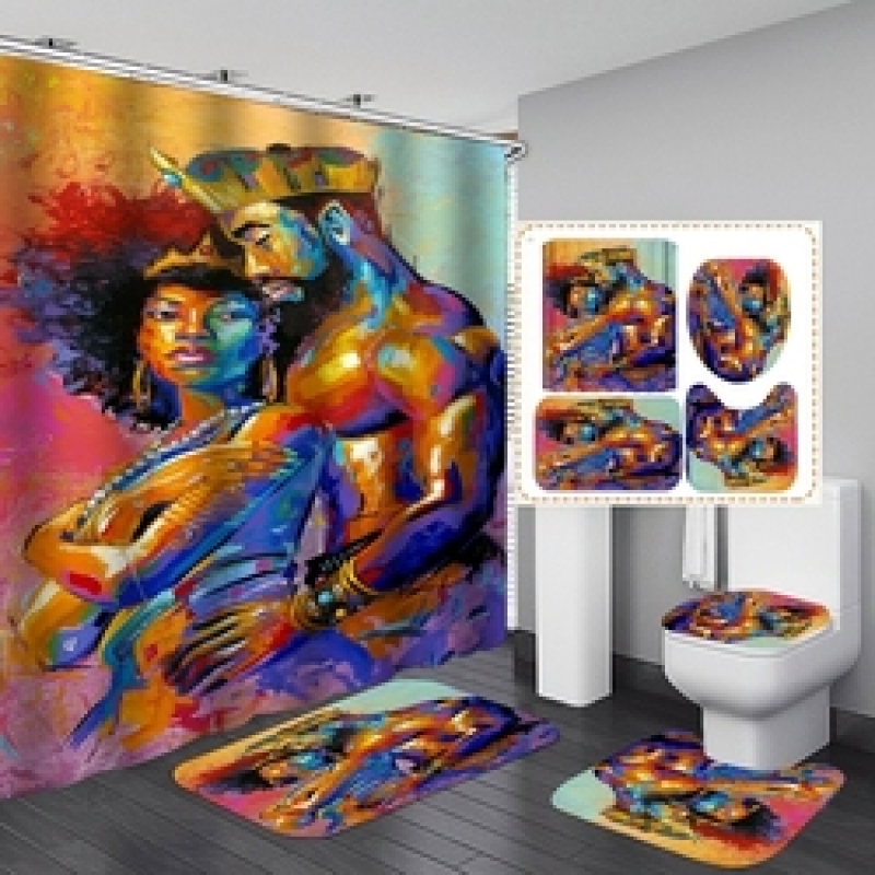African Women Shower Curtains Polyester Rideau De Douche Black Girl Luxury Shower Curtain Set 4 Pcs