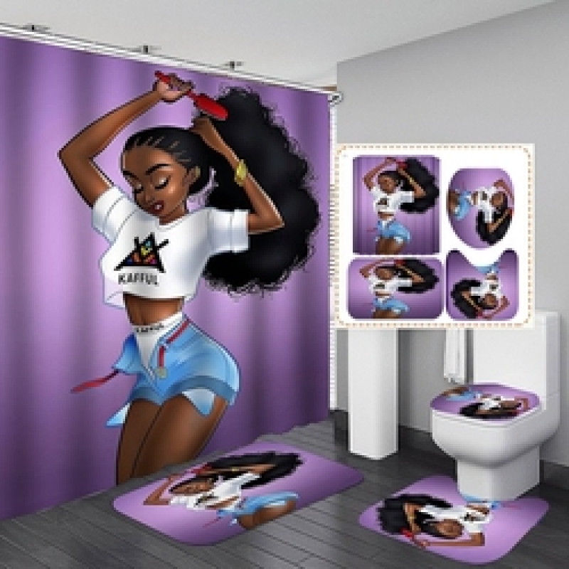 African Women Shower Curtains Polyester Rideau De Douche Black Girl Luxury Shower Curtain Set 4 Pcs