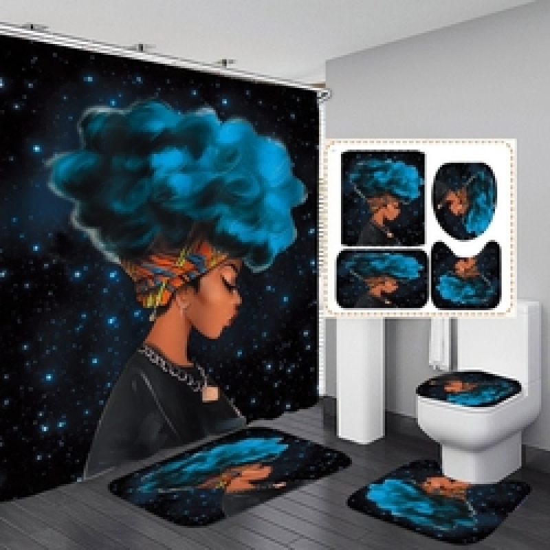 African Women Shower Curtains Polyester Rideau De Douche Black Girl Luxury Shower Curtain Set 4 Pcs
