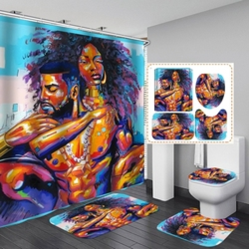 African Women Shower Curtains Polyester Rideau De Douche Black Girl Luxury Shower Curtain Set 4 Pcs