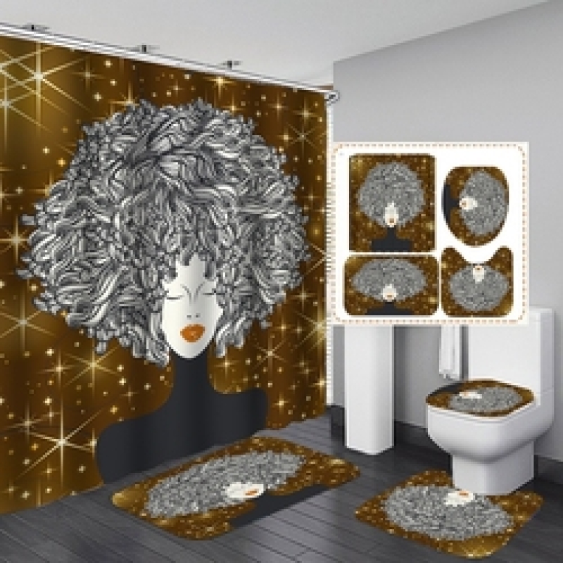 African Women Shower Curtains Polyester Rideau De Douche Black Girl Luxury Shower Curtain Set 4 Pcs