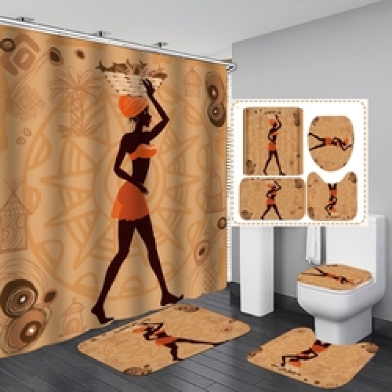 African Women Shower Curtains Polyester Rideau De Douche Black Girl Luxury Shower Curtain Set 4 Pcs