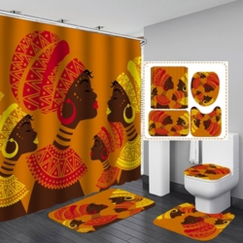 African Women Shower Curtains Polyester Rideau De Douche Black Girl Luxury Shower Curtain Set 4 Pcs