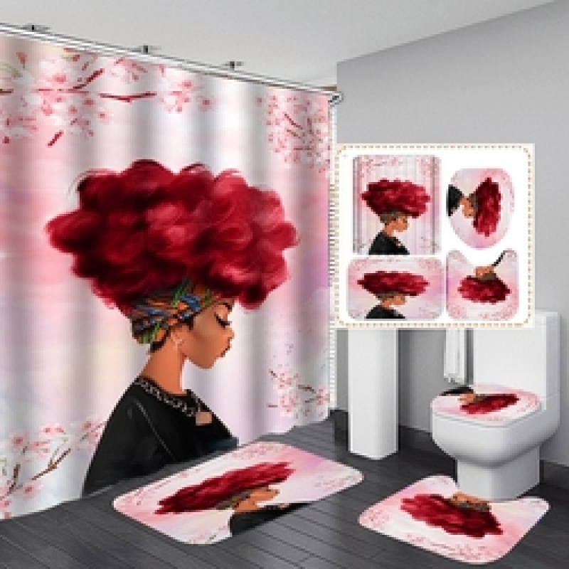 African Women Shower Curtains Polyester Rideau De Douche Black Girl Luxury Shower Curtain Set 4 Pcs