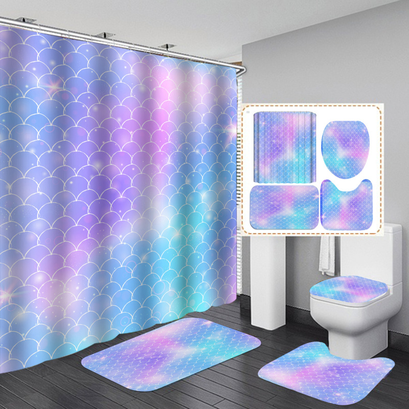 Home Goods Color Fish Scale Pattern Waterproof Shower Curtain Set Pattern Cartoon Bath Shower Curtains Liner Sets With Rugs Mats
