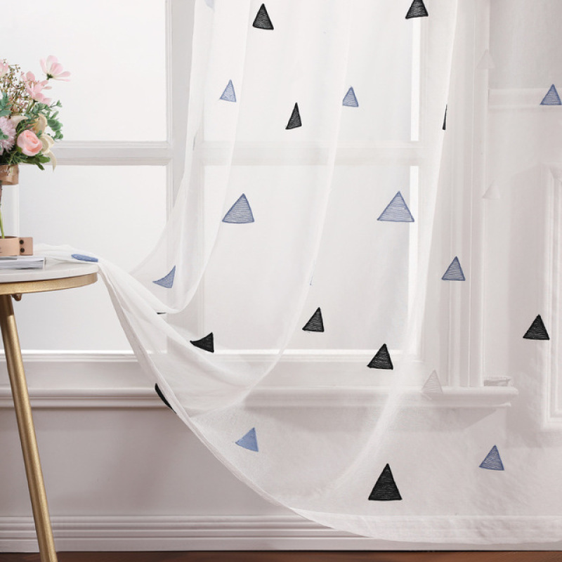 Best Sale White Black Blue Triangle Embroidery Cafe Bedroom Sheer Curtain, China Suppliers Ready Made Living Room Sheer Curtain/