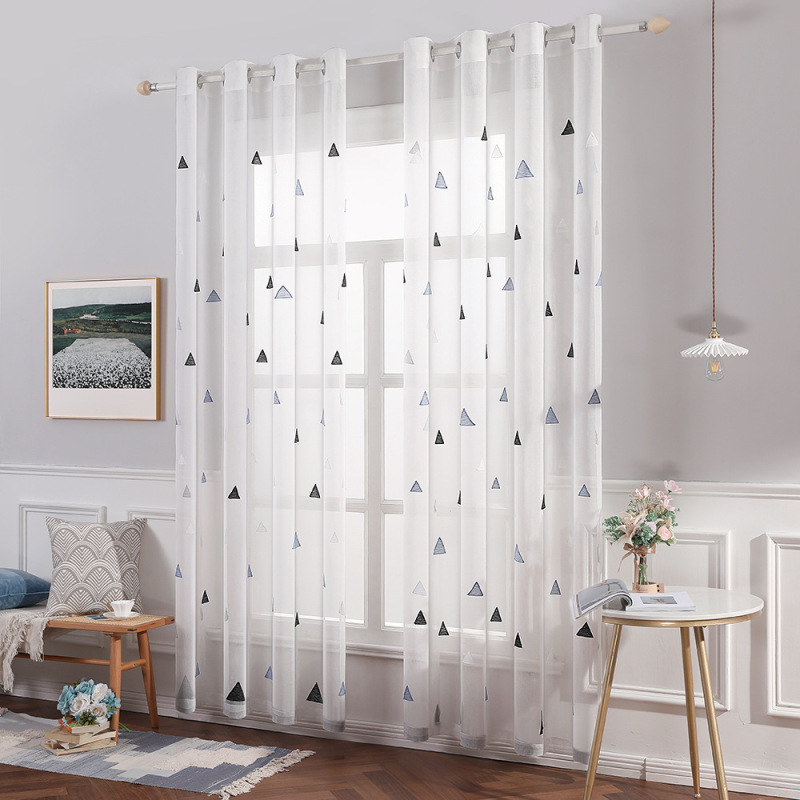 Best Sale White Black Blue Triangle Embroidery Cafe Bedroom Sheer Curtain, China Suppliers Ready Made Living Room Sheer Curtain/