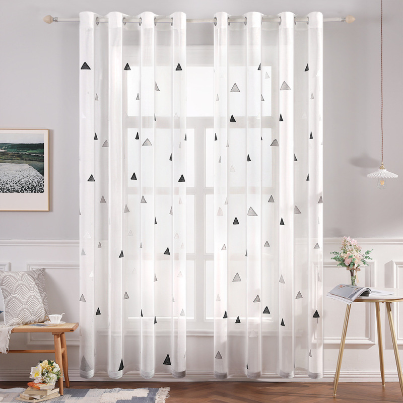 Best Sale White Black Blue Triangle Embroidery Cafe Bedroom Sheer Curtain, China Suppliers Ready Made Living Room Sheer Curtain/