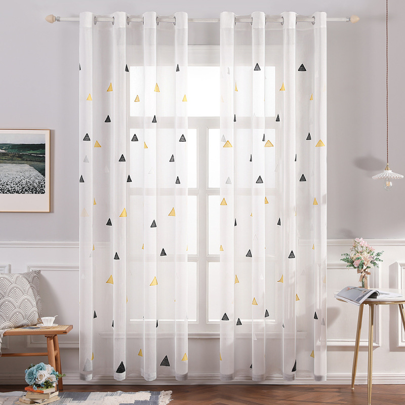 Best Sale White Black Blue Triangle Embroidery Cafe Bedroom Sheer Curtain, China Suppliers Ready Made Living Room Sheer Curtain/