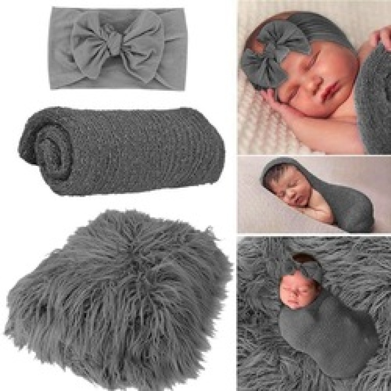 High quality 60*70cm Soft and Eco-Friendly 3 piece set baby swaddle blanket headscarf For baby photography
