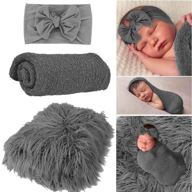 High quality 60*70cm Soft and Eco-Friendly 3 piece set baby swaddle blanket headscarf For baby photography