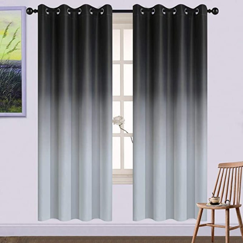 Wholesale Black and White Darkening Gradient Color Symmetrical Ombre Bedroom Grommet Curtains, Cheap Polyester Blackout Curtain/