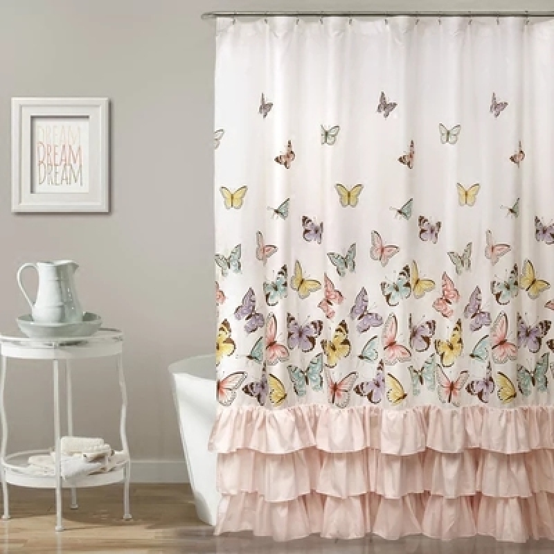 Butterfly Shower Curtain On White,Butterfly Pattern Ruffled Fold Shower Curtain/
