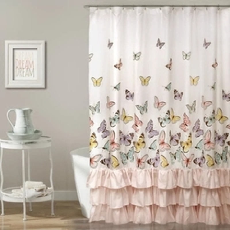 Butterfly Shower Curtain On White,Butterfly Pattern Ruffled Fold Shower Curtain/