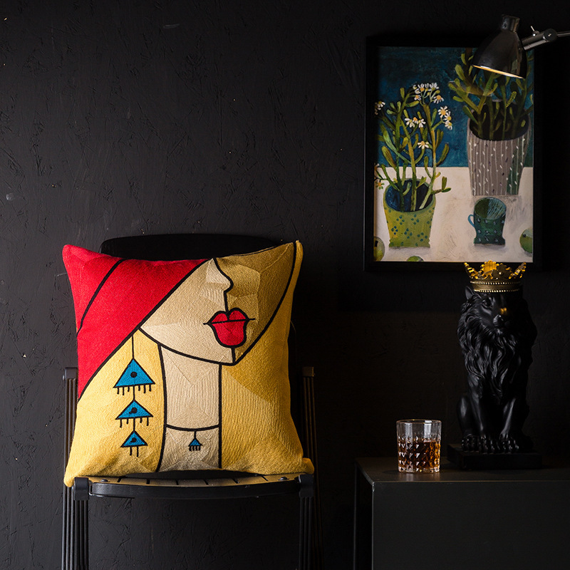 Housse de coussin de style abstrait Picasso en gros, housse de coussin en toile de coton 100% broderie /