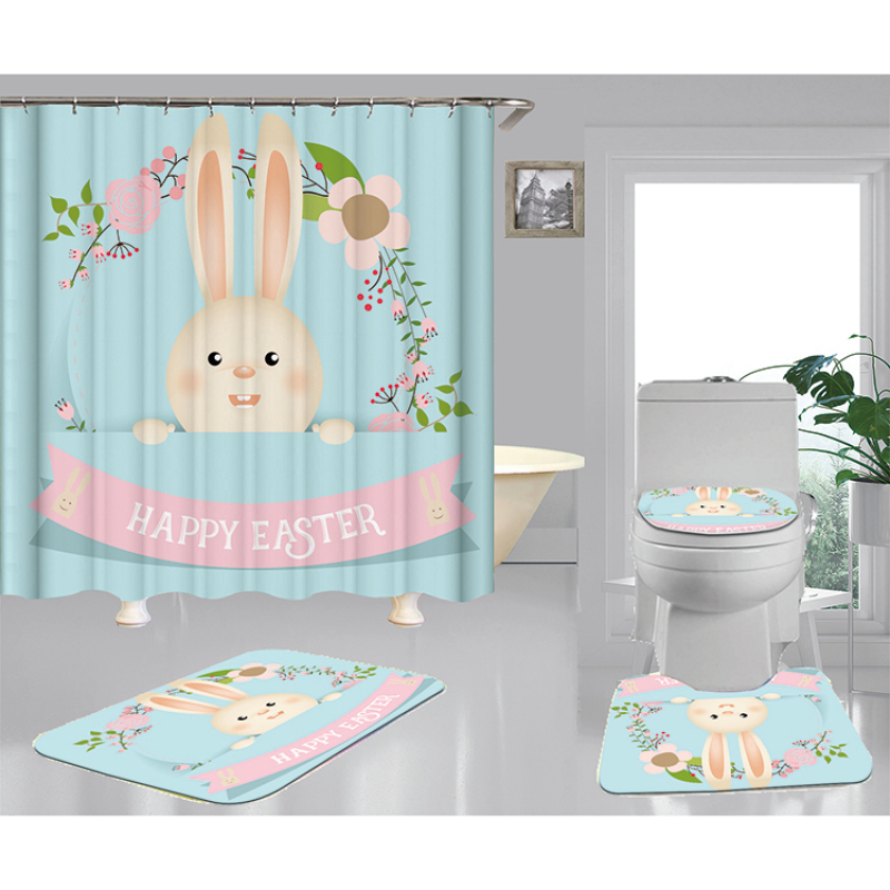 Happy Easter Shower Curtain With Bath Rug Sets, Rabbit Pattern Bathroom Curtains Set Shower/
