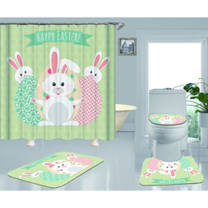 Happy Easter Shower Curtain With Bath Rug Sets, Rabbit Pattern Bathroom Curtains Set Shower/