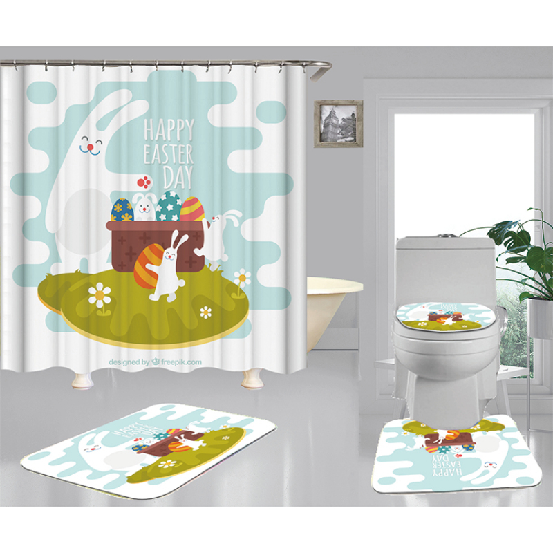 Happy Easter Shower Curtain With Bath Rug Sets, Rabbit Pattern Bathroom Curtains Set Shower/