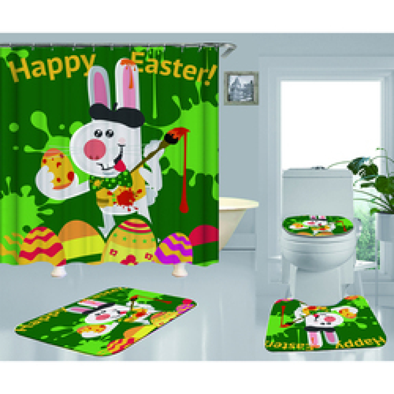 Happy Easter Shower Curtain With Bath Rug Sets, Rabbit Pattern Bathroom Curtains Set Shower/