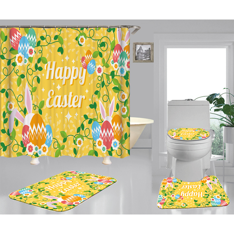 Happy Easter Shower Curtain With Bath Rug Sets, Rabbit Pattern Bathroom Curtains Set Shower/