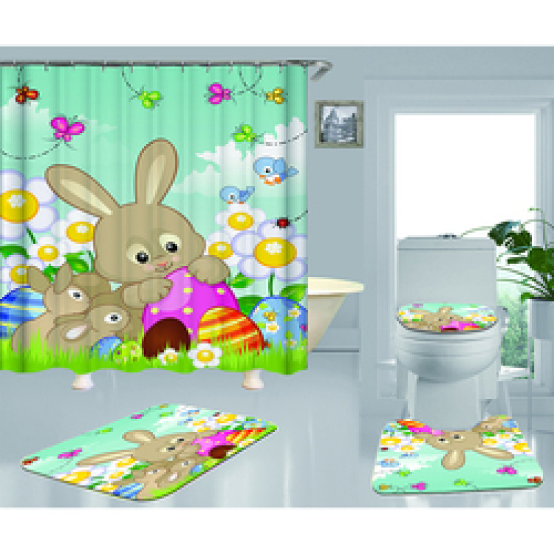 Happy Easter Shower Curtain With Bath Rug Sets, Rabbit Pattern Bathroom Curtains Set Shower/