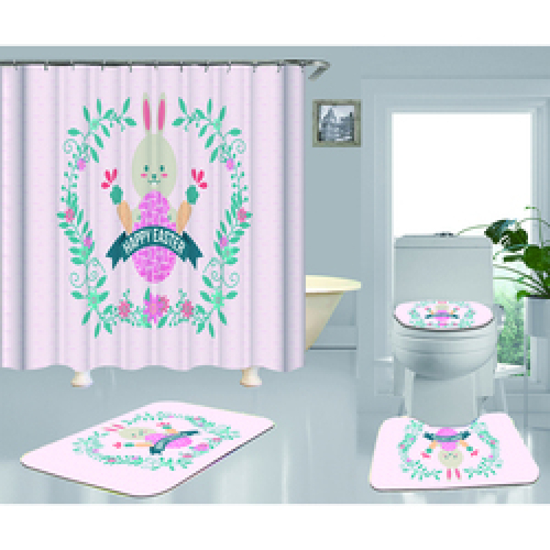 Happy Easter Shower Curtain With Bath Rug Sets, Rabbit Pattern Bathroom Curtains Set Shower/