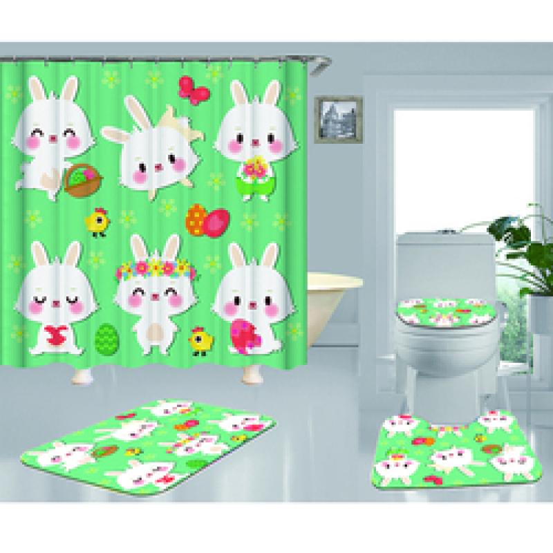Happy Easter Shower Curtain With Bath Rug Sets, Rabbit Pattern Bathroom Curtains Set Shower/