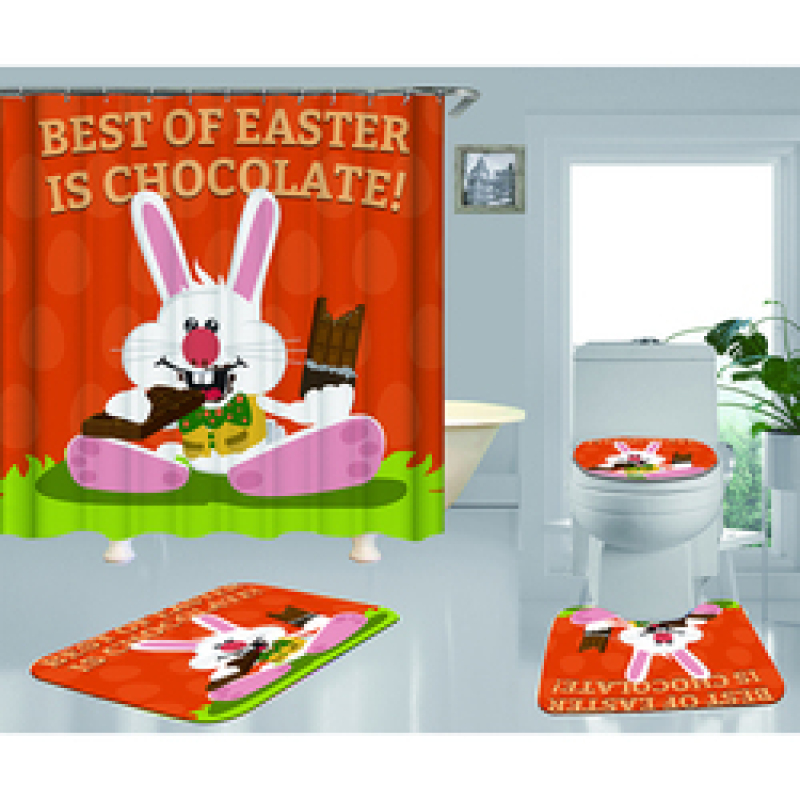 Happy Easter Shower Curtain With Bath Rug Sets, Rabbit Pattern Bathroom Curtains Set Shower/
