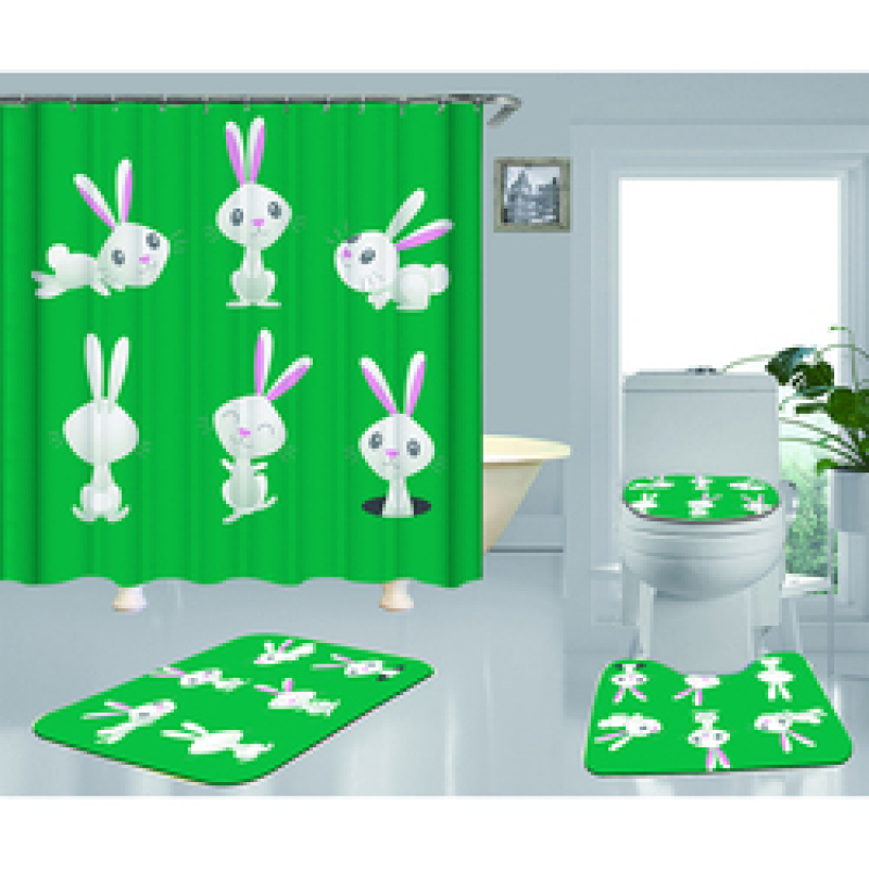 Happy Easter Shower Curtain With Bath Rug Sets, Rabbit Pattern Bathroom Curtains Set Shower/