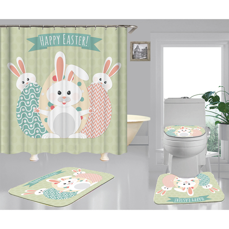 Happy Easter Shower Curtain With Bath Rug Sets, Rabbit Pattern Bathroom Curtains Set Shower/