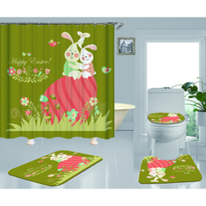 Happy Easter Shower Curtain With Bath Rug Sets, Rabbit Pattern Bathroom Curtains Set Shower/