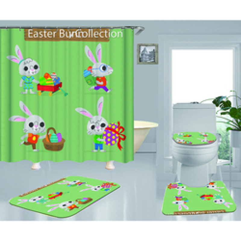 Happy Easter Shower Curtain With Bath Rug Sets, Rabbit Pattern Bathroom Curtains Set Shower/