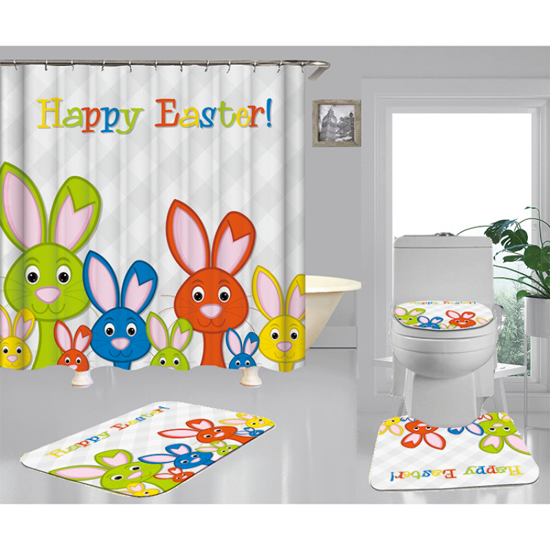 Happy Easter Shower Curtain With Bath Rug Sets, Rabbit Pattern Bathroom Curtains Set Shower/