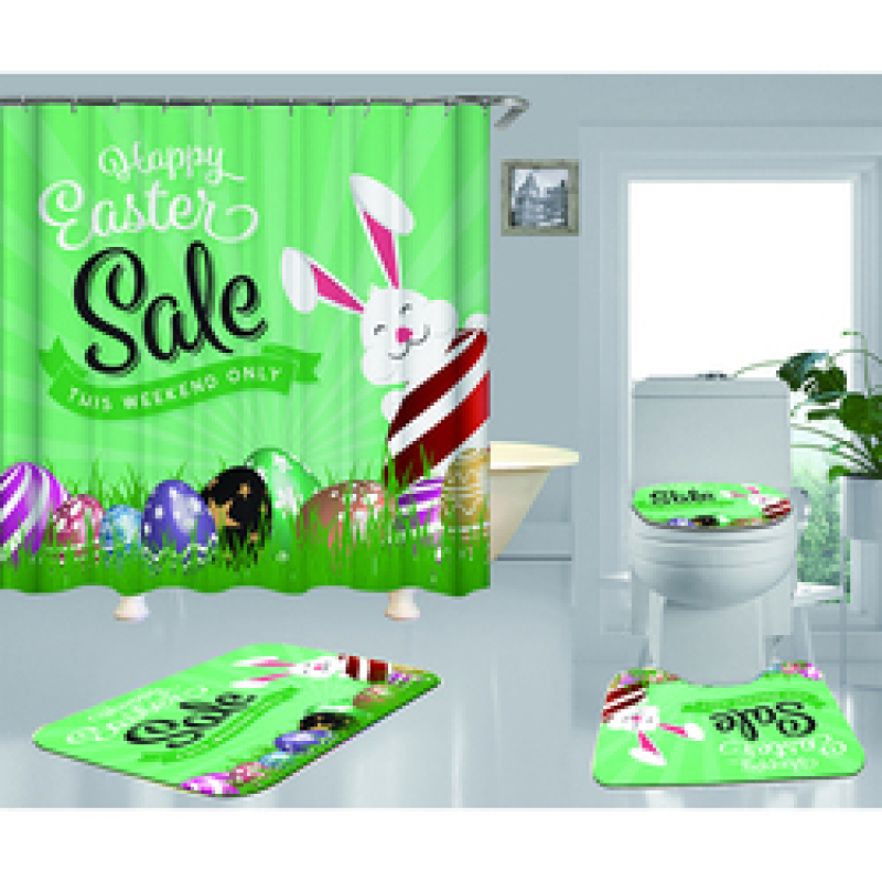 Happy Easter Shower Curtain With Bath Rug Sets, Rabbit Pattern Bathroom Curtains Set Shower/