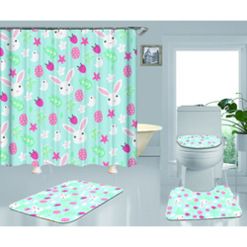 Happy Easter Shower Curtain With Bath Rug Sets, Rabbit Pattern Bathroom Curtains Set Shower/