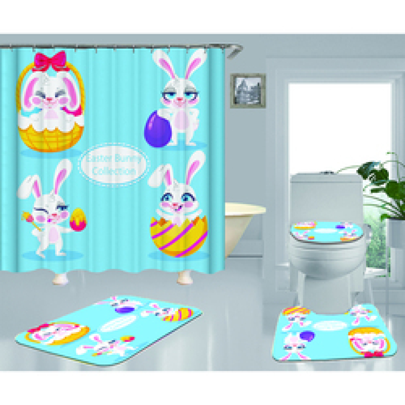Happy Easter Shower Curtain With Bath Rug Sets, Rabbit Pattern Bathroom Curtains Set Shower/