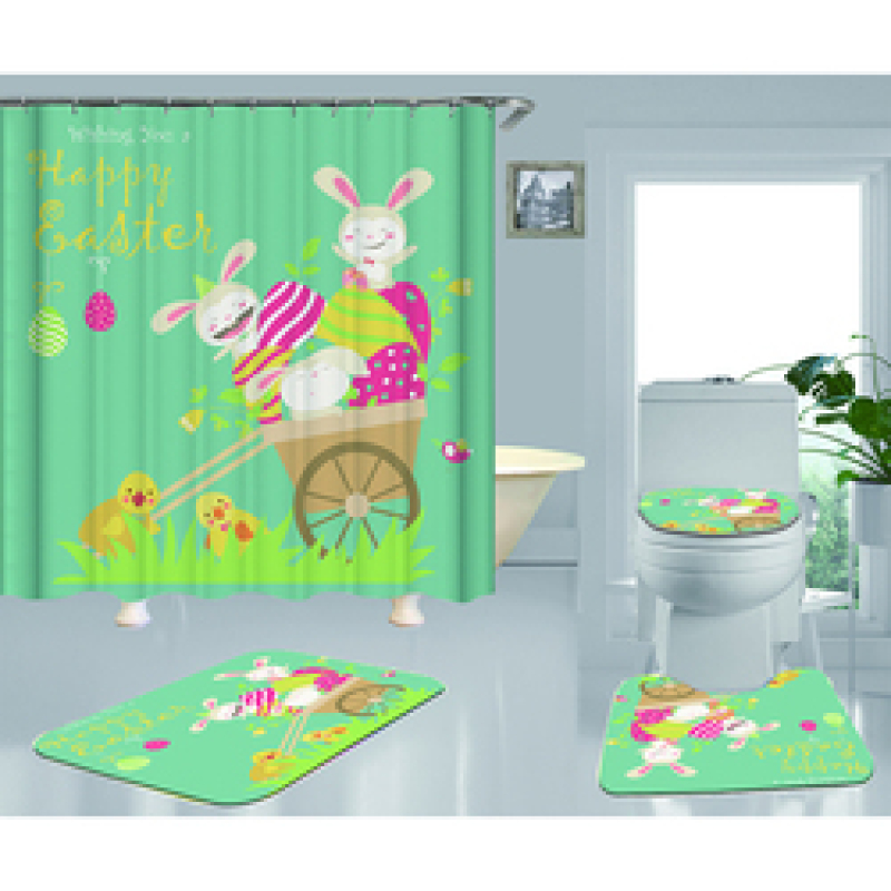Happy Easter Shower Curtain With Bath Rug Sets, Rabbit Pattern Bathroom Curtains Set Shower/