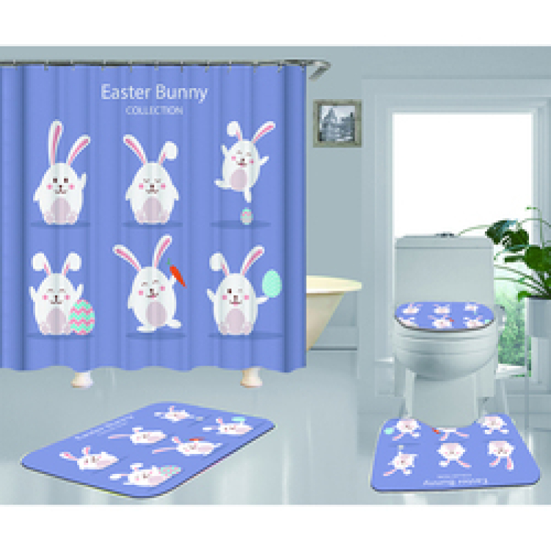 Happy Easter Shower Curtain With Bath Rug Sets, Rabbit Pattern Bathroom Curtains Set Shower/