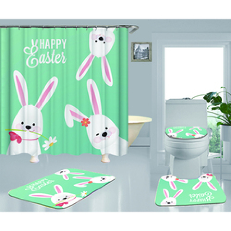 Happy Easter Shower Curtain With Bath Rug Sets, Rabbit Pattern Bathroom Curtains Set Shower/