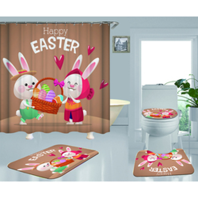 Happy Easter Shower Curtain With Bath Rug Sets, Rabbit Pattern Bathroom Curtains Set Shower/